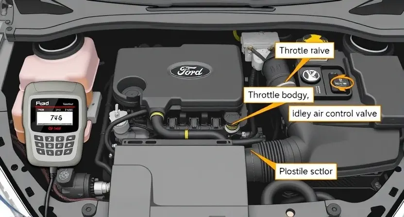 A high-quality technical illustration of a Ford vehicle engine compartment showing a diagnostic scanner connected to the car's OBD-II port, with highlighted components related to the P1505 error code such as the throttle body and idle air control valve, clean technical diagram style with labeled parts and clear visual emphasis on system components, no text or numbers on image