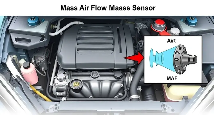 A detailed illustration of a car engine bay with a clear focus on the Mass Air Flow (MAF) sensor. The sensor should be highlighted with an arrow, and a simplified diagram showing airflow entering the engine and being measured by the MAF sensor should be included. Include surrounding engine components like intake manifold and air filter housing, but keep the focus on the MAF sensor and its function. The overall image should convey a sense of technical accuracy and clarity.