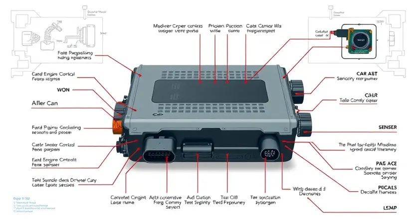 A high-quality technical illustration showing a modern car engine control module (ECM/PCM) with clear labels for components like sensors, wiring harnesses, and connectors, set against a clean white background with subtle technical diagrams and circuit patterns, emphasizing automotive electronics and diagnostic tools