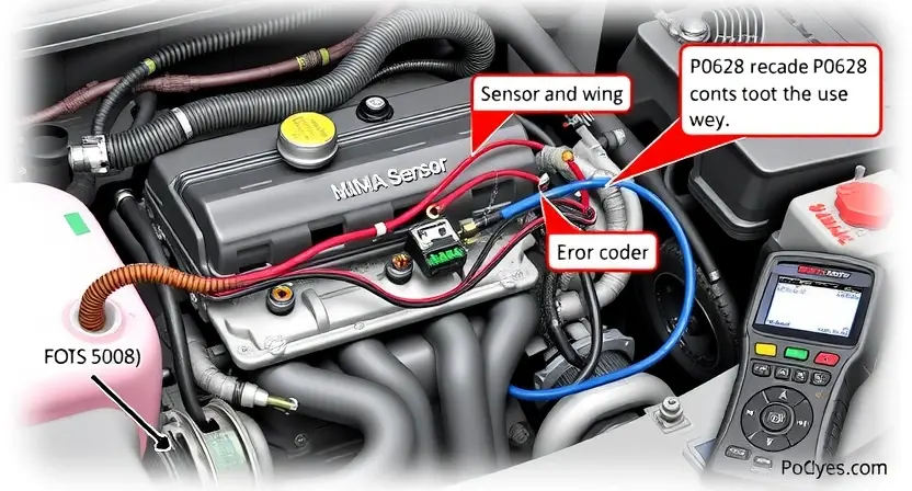 A detailed illustration of an automotive engine control system, focusing on the sensor and wiring related to the P0628 error code. Include visual representations of the sensor, wiring harness, and diagnostic tools. The image should clearly depict the potential cause of the error code.