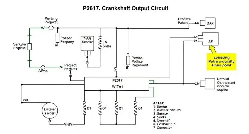 A detailed schematic diagram of an engine's crankshaft output circuit, highlighting the P2617 error code. Include visual representations of the circuit components (sensors, wiring, connectors) and potential failure points. The diagram should be clean, well-labeled, and easy to understand.