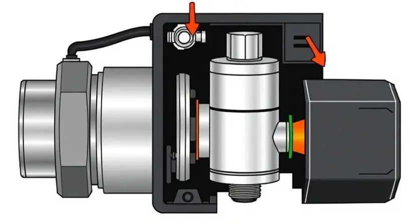 A detailed illustration of an automotive solenoid valve, highlighting its internal components and connections. The image should showcase the valve's construction, including the coil, contacts, and plunger. Focus on clarity and precision to represent the technical aspects of the part.