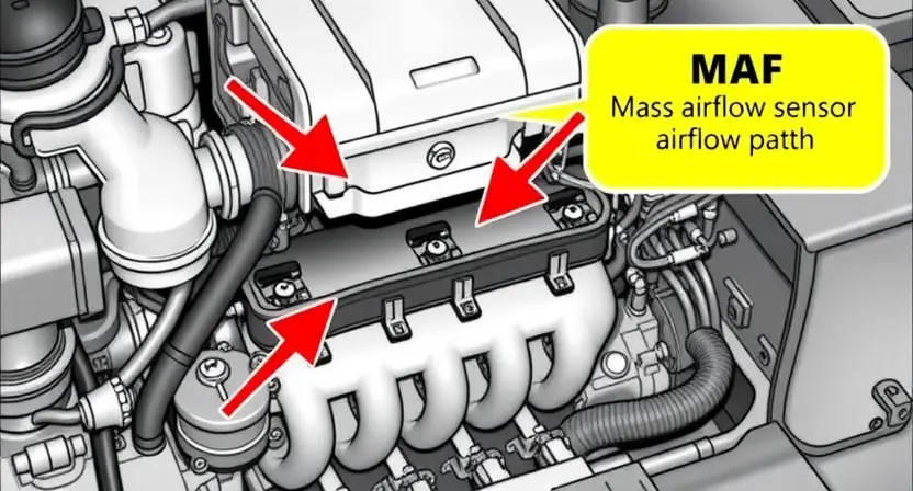 A detailed diagram illustrating a car's engine with a focus on the mass airflow sensor (MAF). Arrows should point to the sensor and surrounding components like the intake manifold and throttle body. Highlight the airflow path. The image should convey a technical and informative feel, suitable for a repair manual.