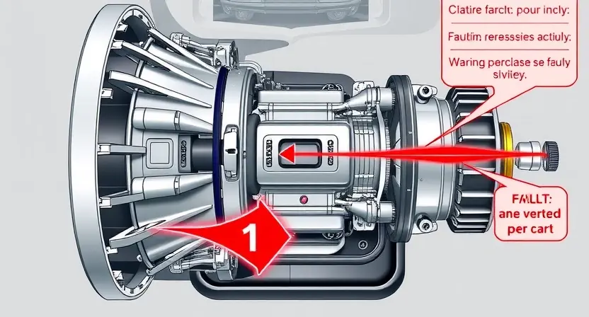 A high-quality technical illustration showing a car transmission module with clear visual indicators of a fault, such as warning lights, error codes, and mechanical components, rendered in the style "HQ-832-448-h"