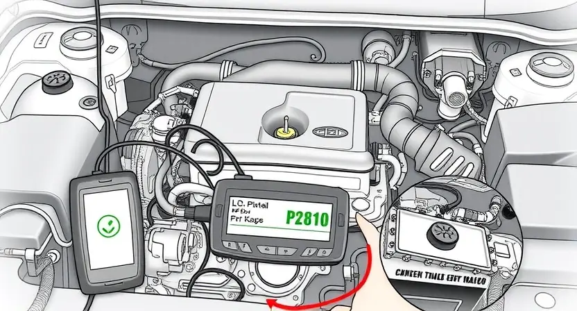 A detailed illustration of an automotive engine bay with a diagnostic tool connected to the engine's computer. The engine should be partially disassembled to show wiring and sensors. A visual representation of the P2810 error code should be displayed on a screen connected to the tool. Focus on clarity and technical accuracy.