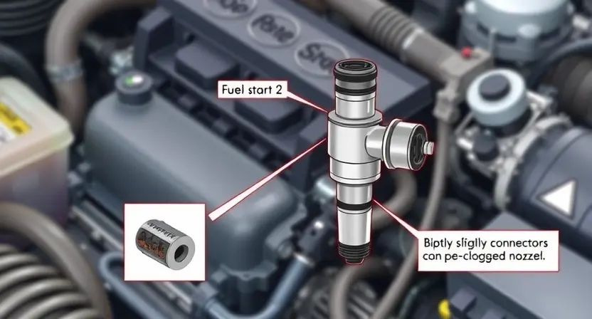 A detailed illustration of an engine bay with a focus on the fuel injector for cold start #2. The injector should be clearly visible, with diagrams showing its location and connection to the fuel system. Include visual cues indicating potential issues, such as a slightly corroded connector or a partially clogged nozzle. The background should be slightly blurred to emphasize the injector.