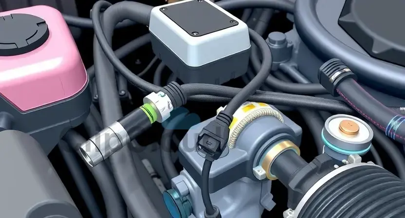 A close-up, detailed illustration of an engine bay with a focus on the oxygen sensor and associated wiring. The sensor should be clearly visible, along with the surrounding engine components. The image should convey a sense of technical precision and diagnostic inspection. The overall lighting should be bright and even, highlighting the details of the sensor and wiring.
