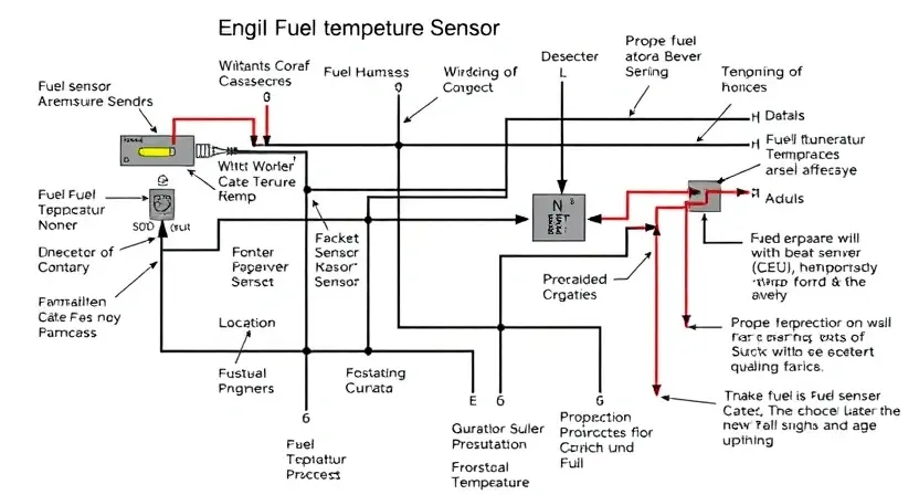 A detailed schematic diagram of an engine's fuel temperature sensor circuit, showing wiring, connections, and potential points of failure. Include labels for components like the sensor, wiring harness, ECU, and diagnostic tools. The diagram should be clean and easy to understand, with clear annotations.