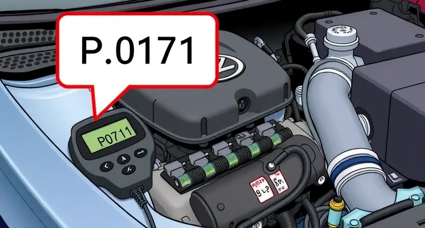 A detailed illustration of a car's engine bay with a diagnostic code reader displaying 'P0171'. The engine should be partially visible, showcasing components like the intake manifold, fuel injectors, and sensors. Focus on clarity and technical accuracy.