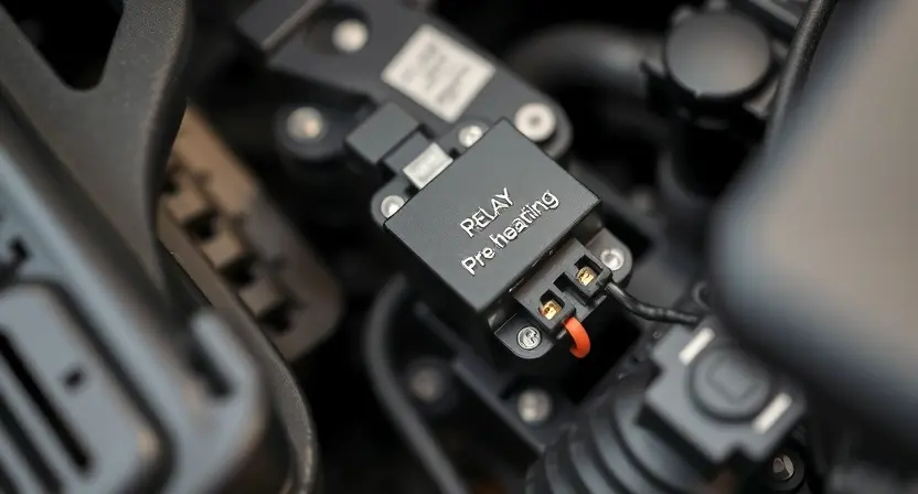 A detailed close-up of a car engine compartment with a focus on the pre-heating relay. The relay should be clearly visible, with wires connected to it. The surrounding components should be slightly blurred to emphasize the relay. The image should convey a sense of technical precision and repair work.