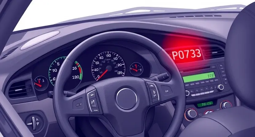 A detailed illustration of a car's dashboard with a diagnostic light illuminated, specifically the P0703 code indicator. The dashboard should show various gauges and warning lights, with the P0703 light highlighted in red. The car's interior should be realistically depicted, showing the steering wheel, seats, and other components.