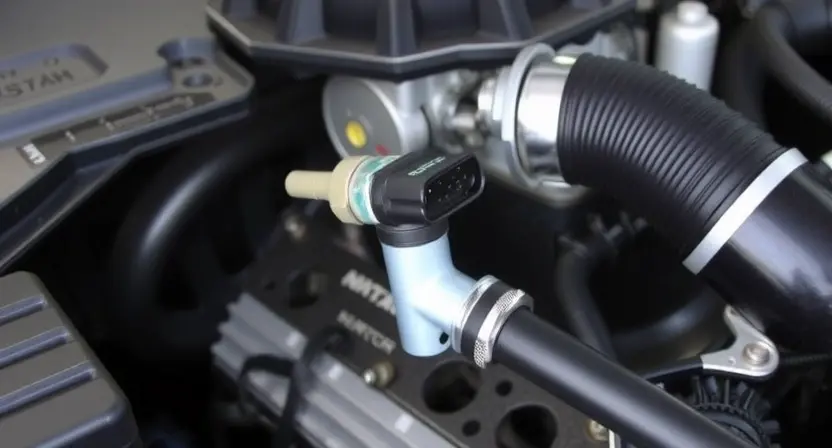 A close-up, detailed image of a car's engine bay, specifically focusing on the mass airflow sensor (MAF sensor). The sensor should be clearly visible, along with surrounding intake components like air ducts and hoses. The engine should appear clean and well-maintained. Focus on the sensor's physical appearance and its connection points.