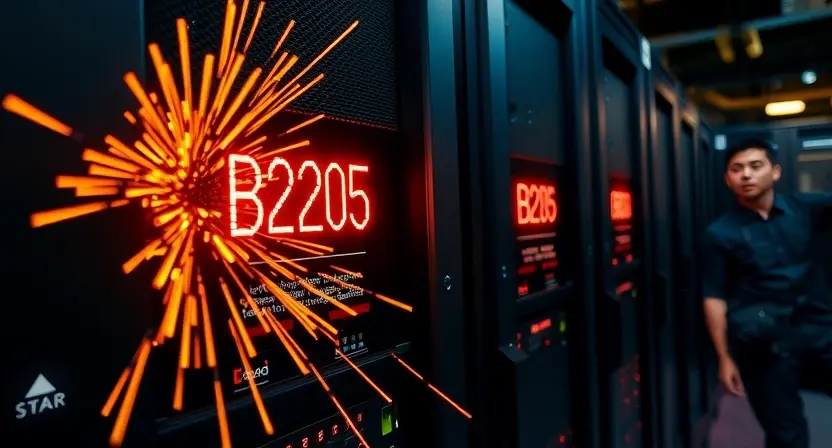 A dramatic scene showing a critical system failure with red error code B2205 glowing on a dark server rack interface, sparks flying from overheating hardware, warning lights flashing, and a technician in the background looking alarmed, all in a high-tech data center environment