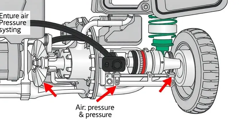 A detailed illustration of a vehicle's air suspension system, highlighting the pressure sensor and its connection to the pneumatic lines. The image should clearly show the sensor's location within the suspension assembly, with arrows indicating the flow of air and pressure. Focus on the sensor's physical appearance and its integration into the overall system. The background should be a clean, neutral color to emphasize the components.