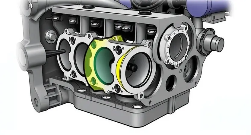 A detailed illustration of an engine block with a highlighted cylinder #4, showing the oil level and potential signs of low oil or damage. Focus on the physical representation of the cylinder and its surrounding components.