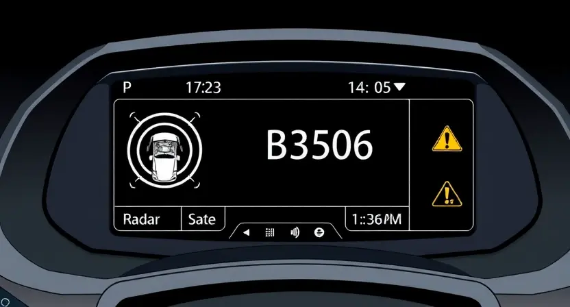 A detailed technical illustration of a car's diagnostic system showing an error code B2306 on a digital display, with symbols of a radar sensor and warning signs indicating radar malfunction, clean technical drawing, no text or numbers on the image