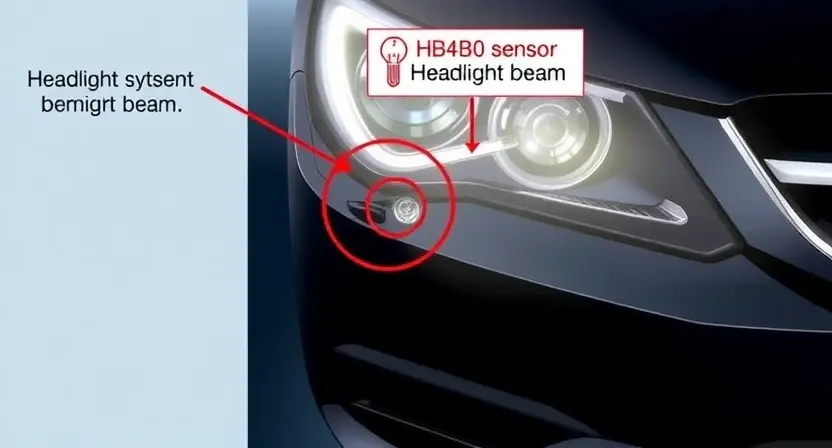 A detailed illustration of a car headlight system, focusing on the B24B0 sensor and its connection to the headlight correction system. The image should show the sensor, wiring, and the mechanism that adjusts the headlight beam. The background should be a clean, technical environment.