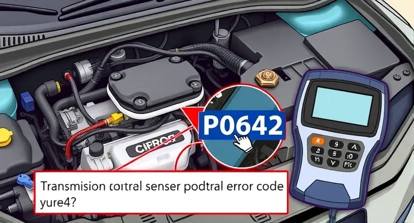 A detailed illustration of a car's engine bay with a diagnostic tool connected to the vehicle's computer. Focus on the area where the P0642 error code might be related to, such as the transmission control module or related sensors. The image should convey a sense of technical inspection and problem-solving.