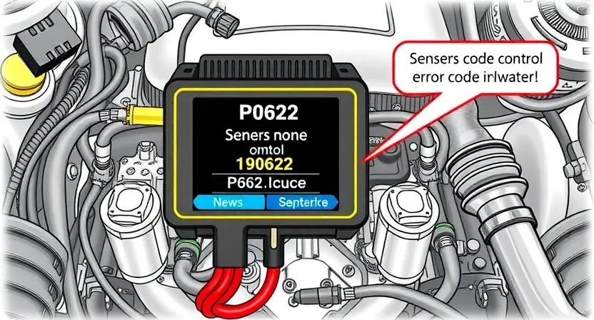 A detailed illustration of an automotive engine control unit (ECU) with various sensors and wiring, highlighting the P0622 error code indicator. The background should be a clean, technical environment.