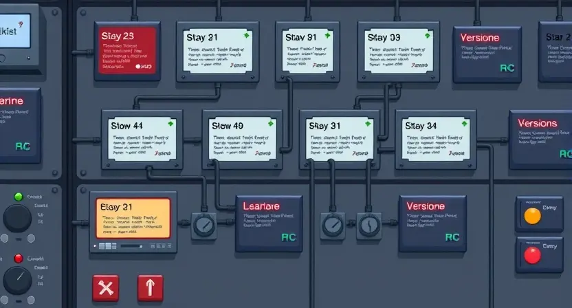 A detailed illustration of a control system with multiple interconnected blocks, each labeled with different software versions. The blocks should be visually distinct, with some showing signs of malfunction or error, such as red warning lights or error messages. The overall scene should convey the concept of software version incompatibility and its consequences, with a focus on the technical and operational disruptions it causes.