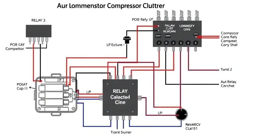 A detailed technical diagram of an automotive air conditioning compressor clutch relay control circuit, showing wiring connections, relay components, and electronic control module interface, with no text labels or numbers