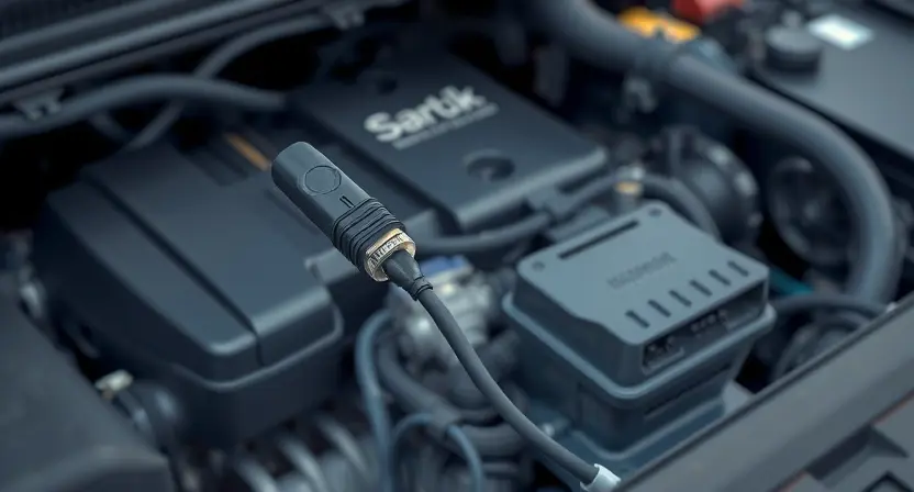 A detailed illustration of a car's engine bay with a highlighted CAN bus wire. The wire should be visibly disconnected or damaged, indicating a communication breakdown. Focus on the wiring harness and the engine control unit (ECU) connector. The background should be slightly blurred to emphasize the wiring.