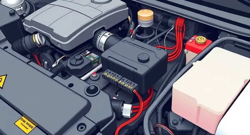 A close-up, detailed illustration of a car's engine bay, focusing on the engine control unit (ECU) and related sensors. The image should highlight the electrical wiring and connections, suggesting a diagnostic or repair scenario. The overall composition should be clean and informative, emphasizing the complexity of the automotive electrical system.