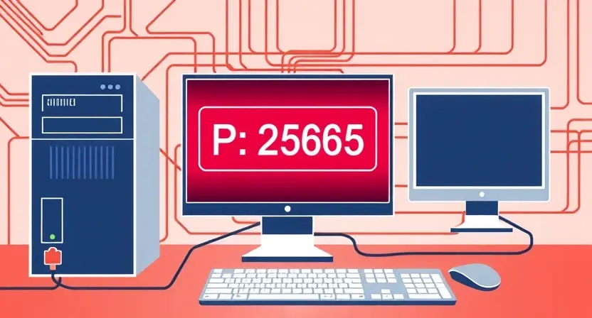 A technical illustration depicting a computer system with a highlighted error message "P2565". The system should show a server, a client, and network connections. The error message should be clearly visible on a screen. Focus on conveying a sense of technical troubleshooting and system failure.