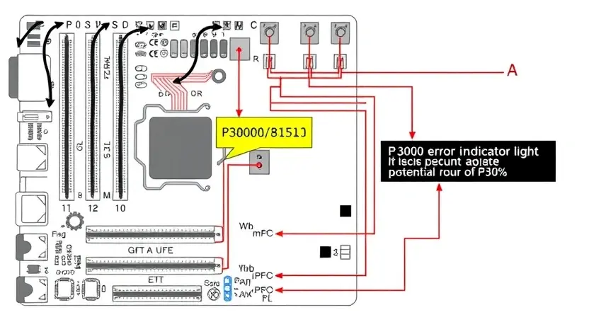A detailed schematic diagram of a computer motherboard, highlighting the P3000 error indicator light and the associated circuit components. Focus on the logical connections and potential points of failure related to the error. The image should be clean and informative, suitable for a technical manual.