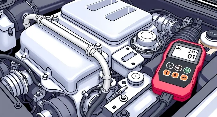 A close-up, detailed illustration of a car engine with a diagnostic tool connected to it. The engine should be clean and well-lit, highlighting key components like the oxygen sensor and related wiring. A small digital display on the diagnostic tool should show a code, subtly indicating a P0121 error. Focus on the technical aspects of the engine and diagnostic process.
