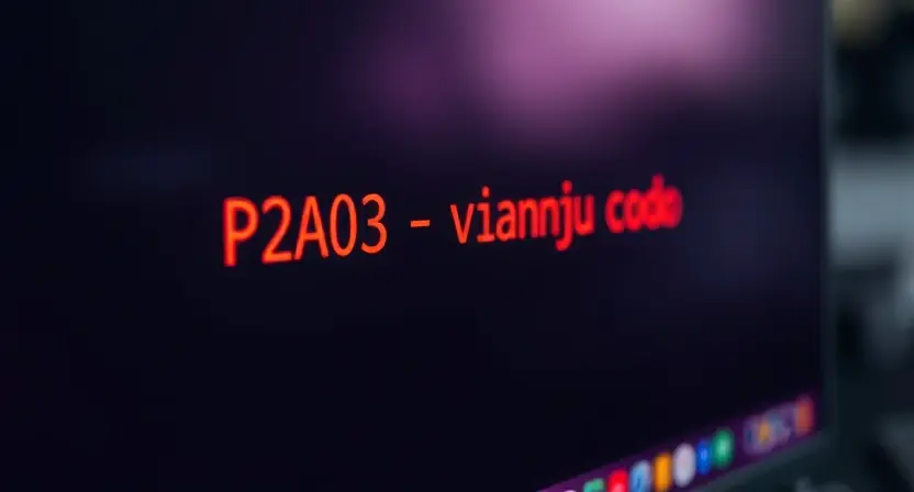 A close-up, detailed illustration of a computer screen displaying an error message "P2A03 - важный код". The error message should be prominently displayed in a clear, readable font. The background should be a dark, slightly blurred desktop. Focus on the error message and the screen's visual elements.