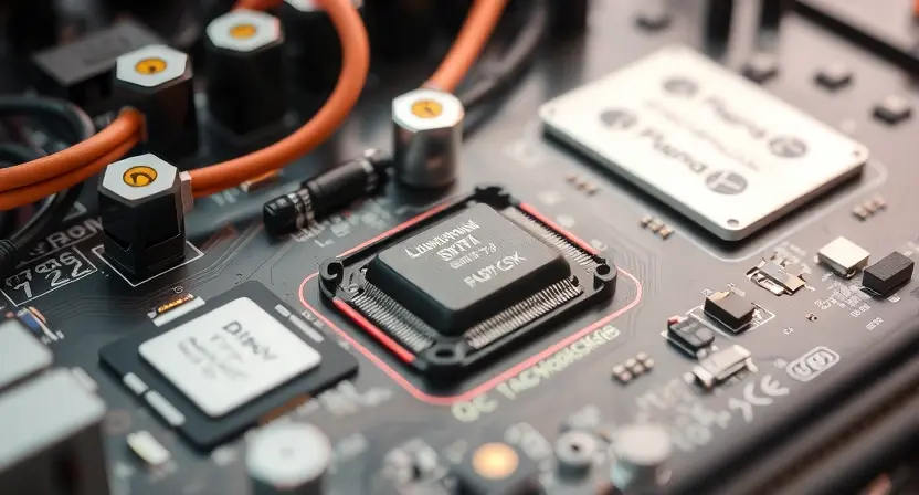 A computer motherboard with a highlighted component representing a potential failure point. Focus on the intricate circuitry and connections. The image should convey a sense of technical detail and potential malfunction.