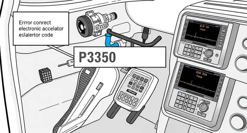 A high-quality technical illustration showing an electronic accelerator pedal assembly with diagnostic equipment, highlighting the P3350 error code, featuring clean lines, precise engineering details, and a professional automotive repair environment