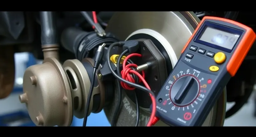 A close-up image of a car's handbrake system components, specifically focusing on the wiring and connections. A multimeter is shown connected to the wiring, indicating a diagnostic process. The background should be a clean, well-lit automotive workshop environment.