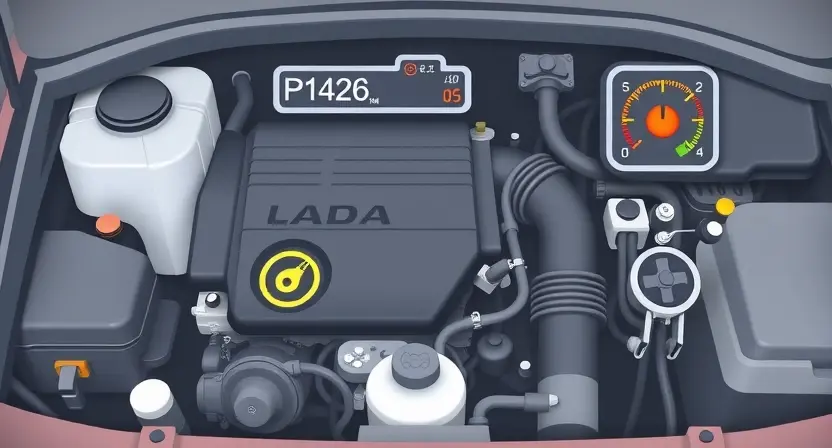 A detailed technical illustration of a Lada car engine with a highlighted error code P1426 warning light on the dashboard, showing engine components and diagnostic symbols, clean and professional visual style