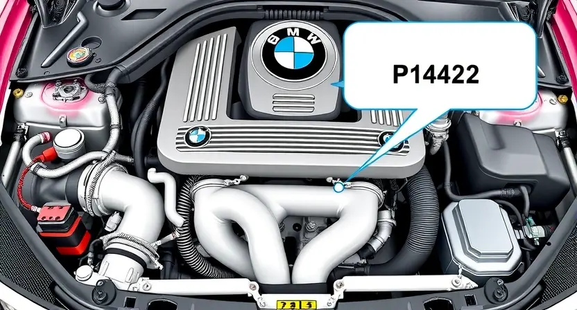 A detailed illustration of a BMW engine bay with a highlighted P1422 error code indicator. The engine should be realistically rendered, showing various components like the exhaust manifold, catalytic converter, and intake system. Focus on clarity and precision in depicting the engine components.