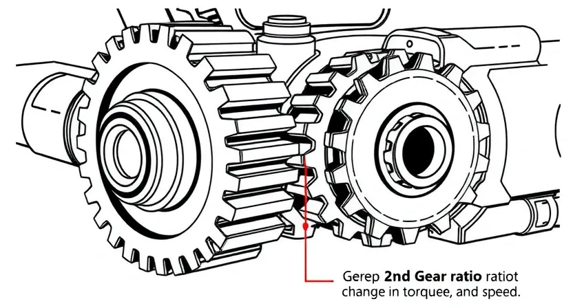 A detailed illustration depicting a gear system with a focus on the 2nd gear ratio. Show the gears meshing, highlighting the difference in size and teeth count between the 1st and 2nd gears. Include visual cues to represent the change in torque and speed during gear shifting.