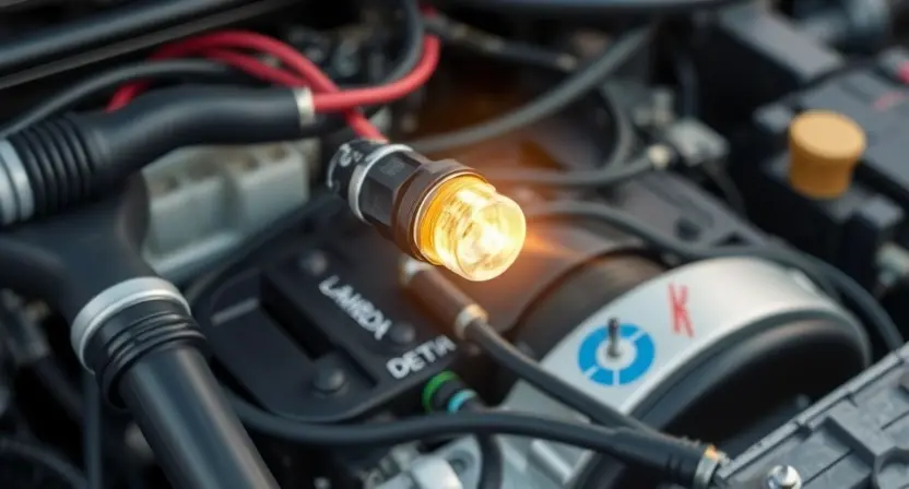 A detailed illustration of an automotive engine bay with a lambda sensor clearly visible. The sensor should be highlighted with a glowing effect. Wires and hoses should be depicted realistically. The background should be slightly blurred to emphasize the sensor.