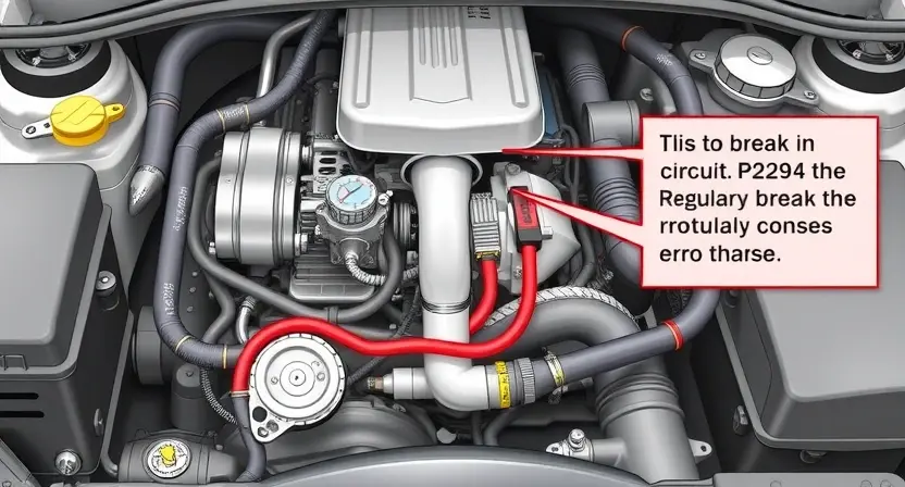 A detailed illustration of a car engine with a focus on the fuel pressure regulator circuit. Show the fuel lines, pressure regulator, and related components in a technical and precise manner, highlighting the potential break in the circuit that could cause the P2294 error code. Use a realistic and detailed style to depict the engine parts and their connections.