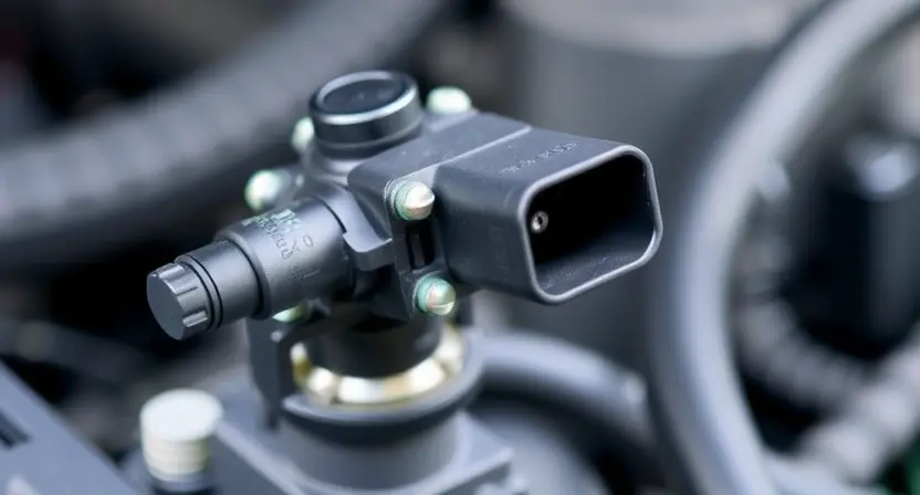 A close-up, detailed photograph of an ABS (Anti-lock Braking System) solenoid valve. The solenoid should be clearly visible, showing its internal components and connections. Focus on the electrical connections and the valve's physical structure. The background should be blurred, suggesting a car's interior or engine bay.