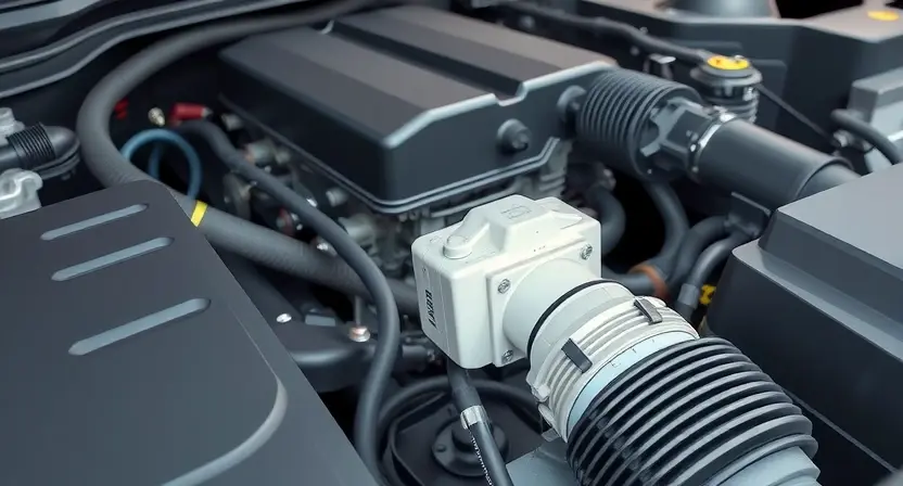 A close-up, detailed illustration of a car's engine bay, specifically highlighting the Mass Air Flow (MAF) sensor. The sensor should be clearly visible, with surrounding engine components subtly in focus. The overall lighting should be bright and clean, emphasizing the sensor's physical characteristics. Focus on the sensor's position and connection points within the engine compartment.
