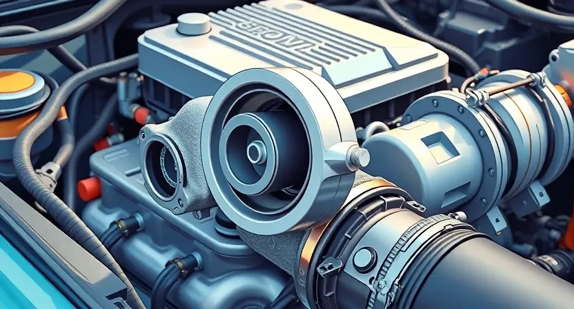 A detailed illustration of a car engine bay, focusing on the turbine actuator. The actuator should be clearly visible, with its components highlighted. Include relevant engine parts like the turbocharger, intake manifold, and wiring harness in the background. The lighting should be bright and realistic, showcasing the metallic surfaces.