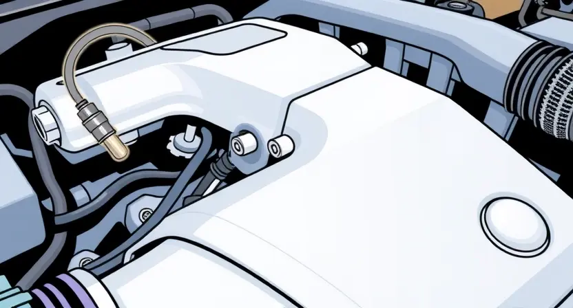 A close-up, detailed illustration of a car engine bay. Focus on the manifold and the oxygen sensor wiring. The sensor should be clearly visible, with a subtle visual cue indicating a low signal (e.g., a slightly dimmed or faded color). The overall aesthetic should be clean and technical, emphasizing the automotive components. The background should be blurred to keep the focus on the sensor and wiring.