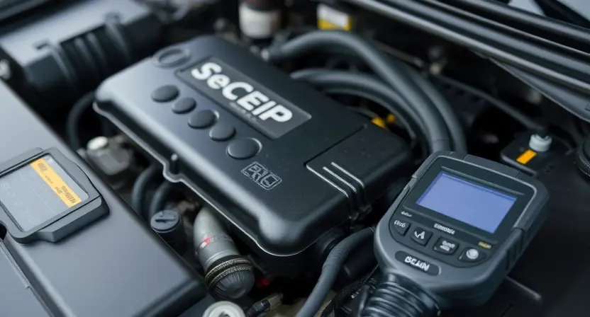 A close-up, detailed image of a car's engine bay. Focus on the engine control unit (ECU) and related wiring. The engine should appear clean and well-maintained. Subtle hints of diagnostic tools (like a scan tool displaying a code) can be included in the background, but the ECU should be the primary focus.