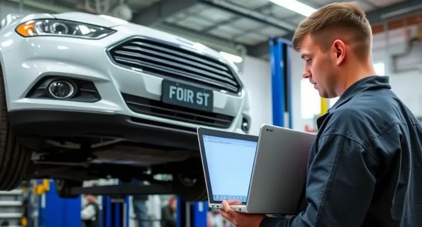 A mechanic is using a laptop to diagnose a Ford vehicle. The car is lifted on a hydraulic lift, and the mechanic is focused on the dashboard and the laptop screen. The background shows a well-lit auto repair shop with tools and equipment. Focus on the diagnostic process and the connection between the laptop and the car's system.
