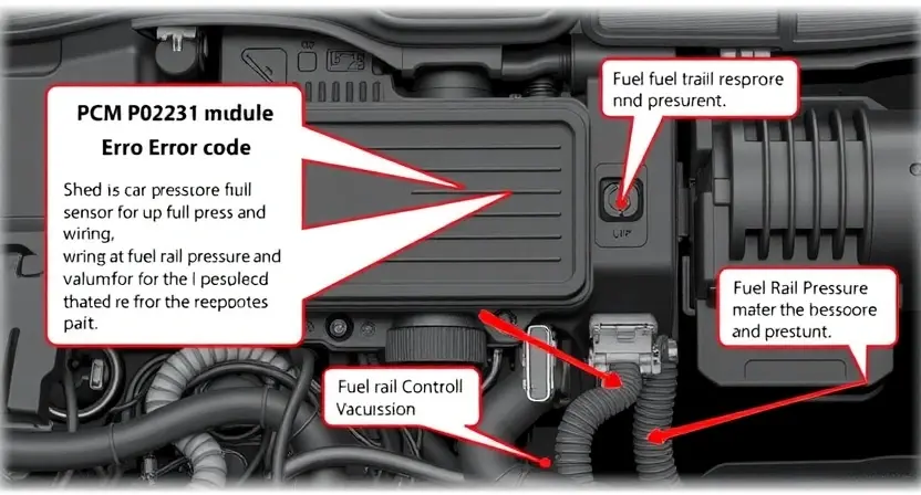 A detailed illustration of a car's PCM (Powertrain Control Module) with highlighted areas indicating the P0231 error code. Include visual representations of the relevant sensors and wiring related to the fuel rail pressure and vacuum system. The image should be scientifically accurate and clearly depict the components involved in the error.