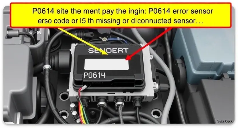 A detailed illustration of a car's engine control unit (ECU) with various sensors and wiring, highlighting the P0614 error code related to a missing or disconnected sensor. Focus on technical accuracy and clarity.