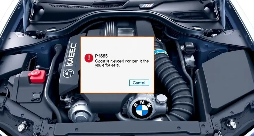 A detailed illustration of a BMW engine bay with a highlighted P1565 error code displayed on a diagnostic screen. Focus on the engine components and the screen displaying the error message.