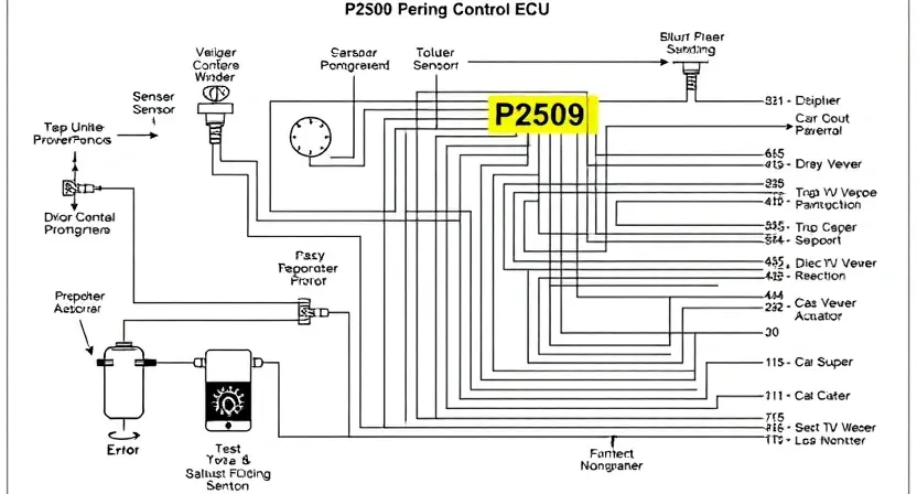 A detailed schematic diagram illustrating the P2509 error code in a vehicle's engine control unit (ECU). The diagram should show the relevant sensors, actuators, and wiring related to the error. Include visual cues to represent the error state, such as a highlighted component or a warning symbol.