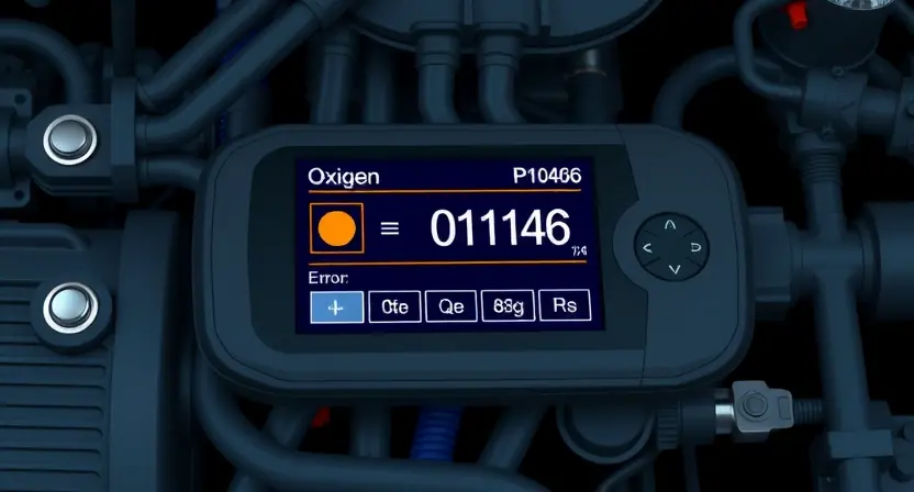 A high-quality technical illustration of an automotive engine control system showing a diagnostic scan tool displaying error code P0146 with a highlighted oxygen sensor, clean background, professional lighting, technical diagram style